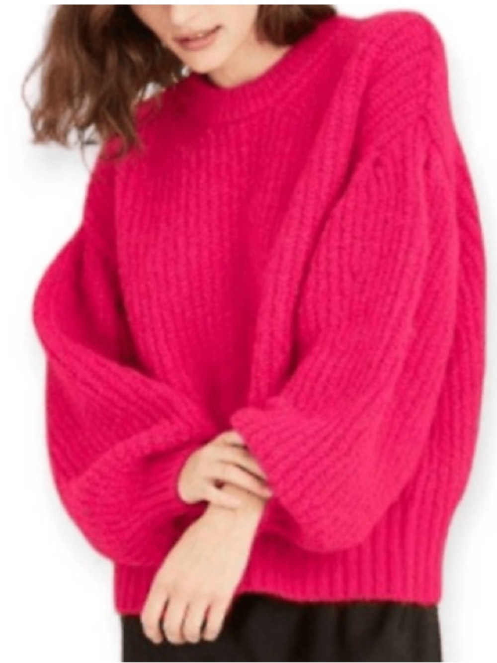 A NEW DAY hot pink balloon-sleeve crewneck fuzzy sweater Small